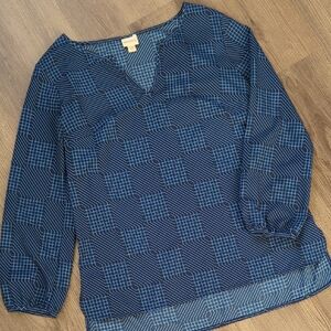 ❤️ 2 for $15 ❤️ Merona Navy Blue w/ Geometric Pattern V-Neck 3/4 Sleeve Top S/P